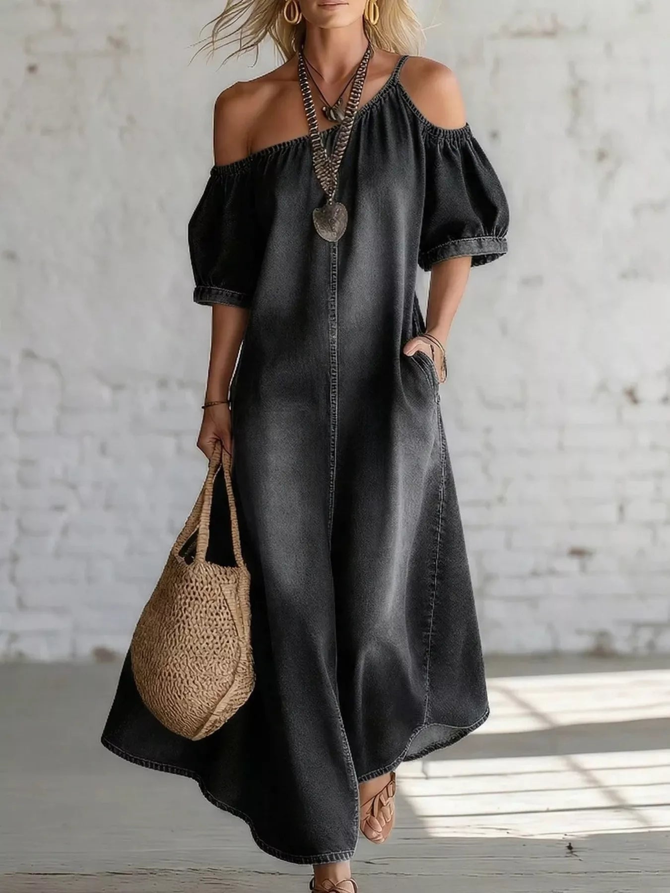 Asymmetrical Neck Denim Maxi Dress with Pockets