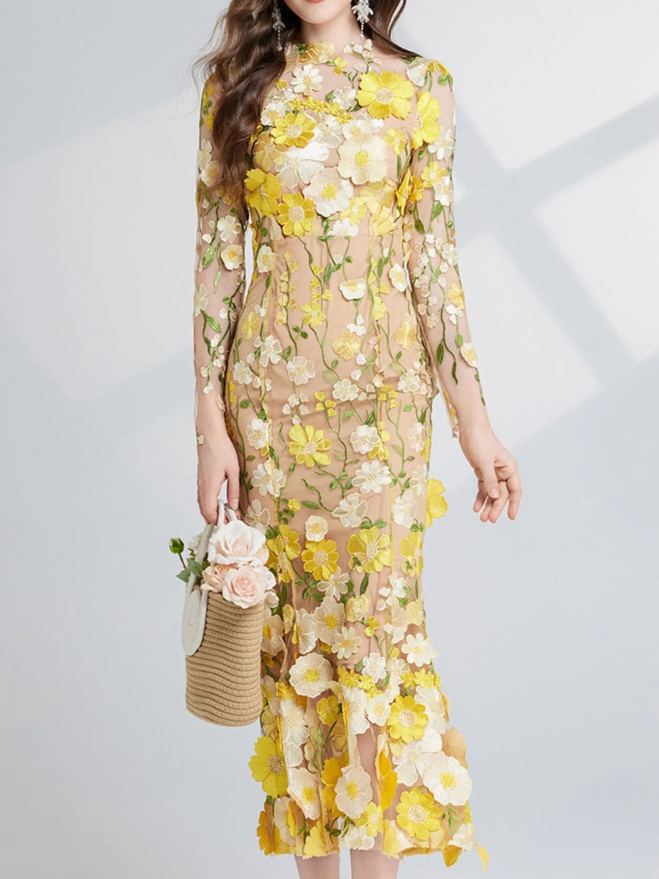 Floral Embroidered Mesh Long Sleeve Midi Dress