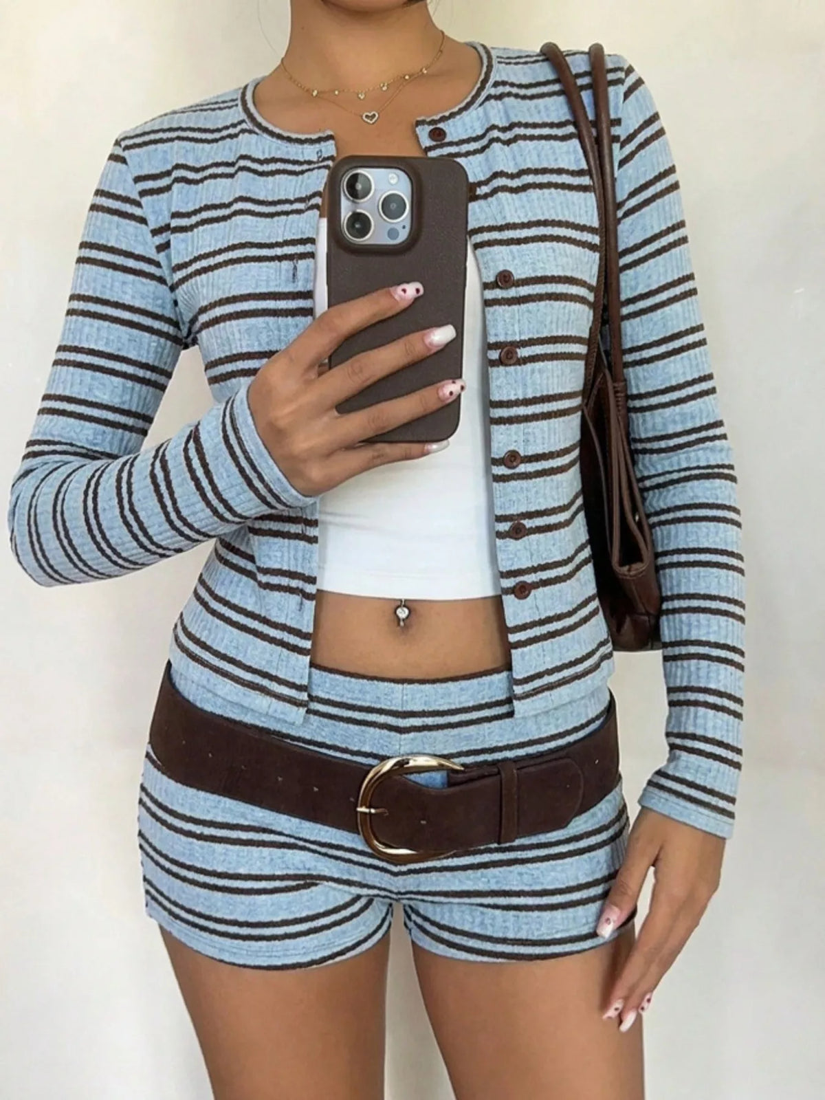 Striped Button-Down Cardigan and Shorts Set