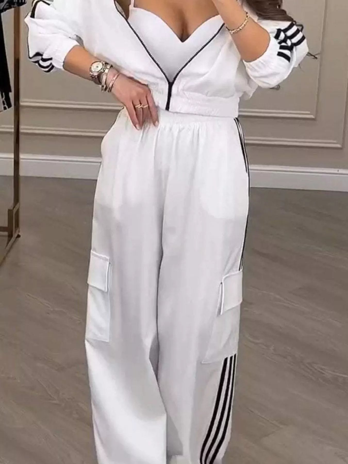 Full Size Side Striped Zip Up Outerwear and Pants Set Plus Size