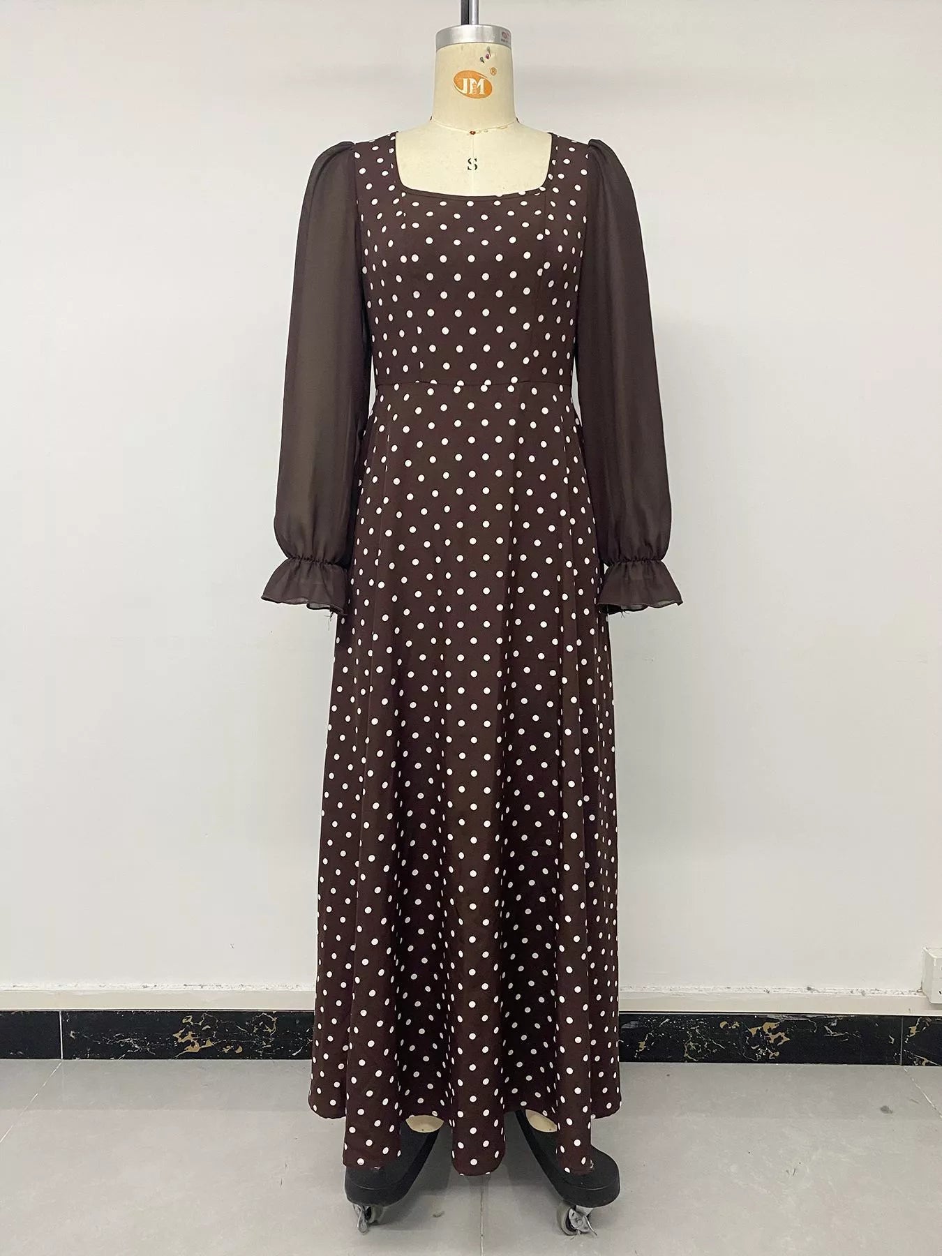 Polka Dot Square Neck Long Sleeve Maxi Dress