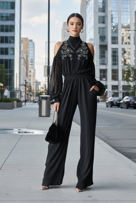 Black Embroidered Women’s Long-Sleeve Wide-Leg Jumpsuit