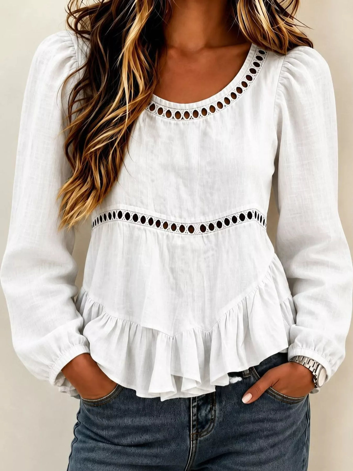 Long Sleeve Blouse with Eyelet Lace Trim and Ruffled Hem