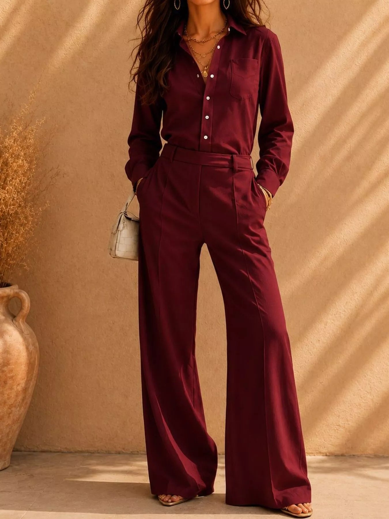 Long Sleeve Shirt and Wide-Leg Pants Set