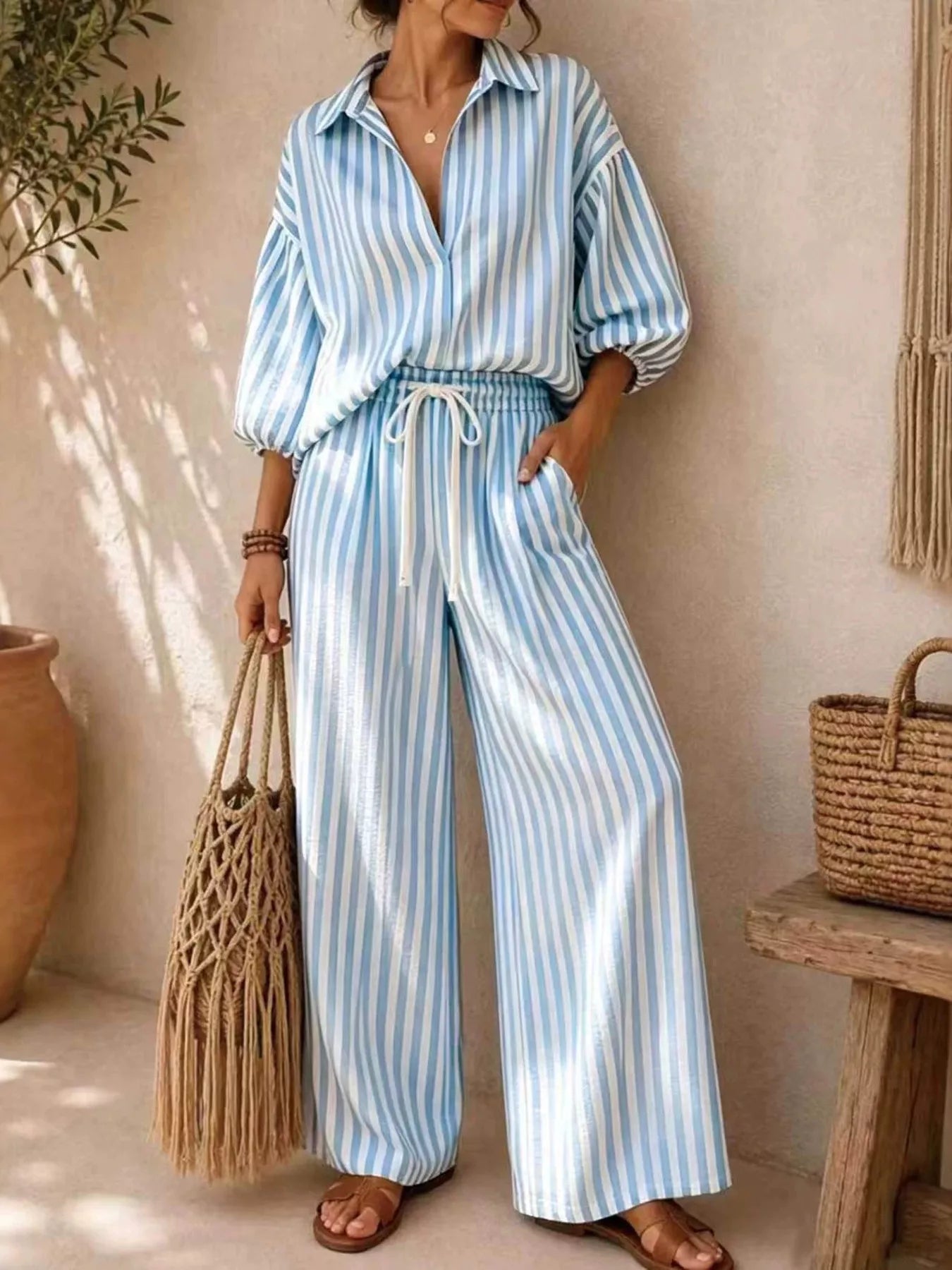 Full Size Striped Puff Sleeve Shirt and Wide-Leg Drawstring Pants Set Plus Size