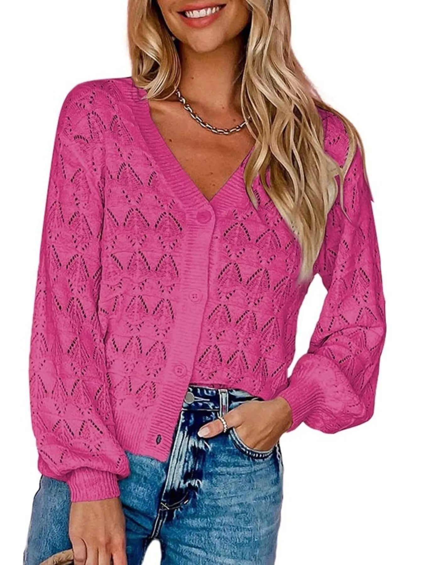 Chic V-Neck Openwork Button-Down Knit Cardigan