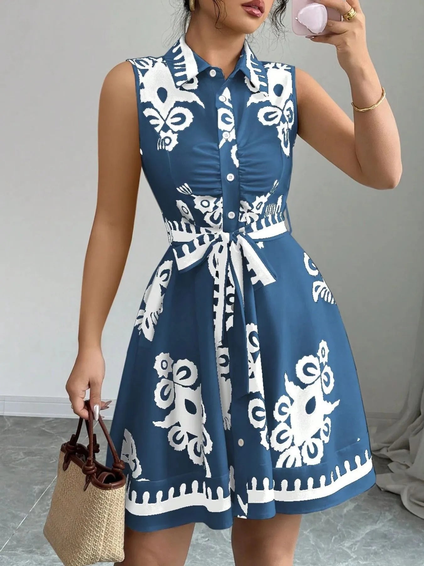 Printed Sleeveless Tie Waist Mini Dress
