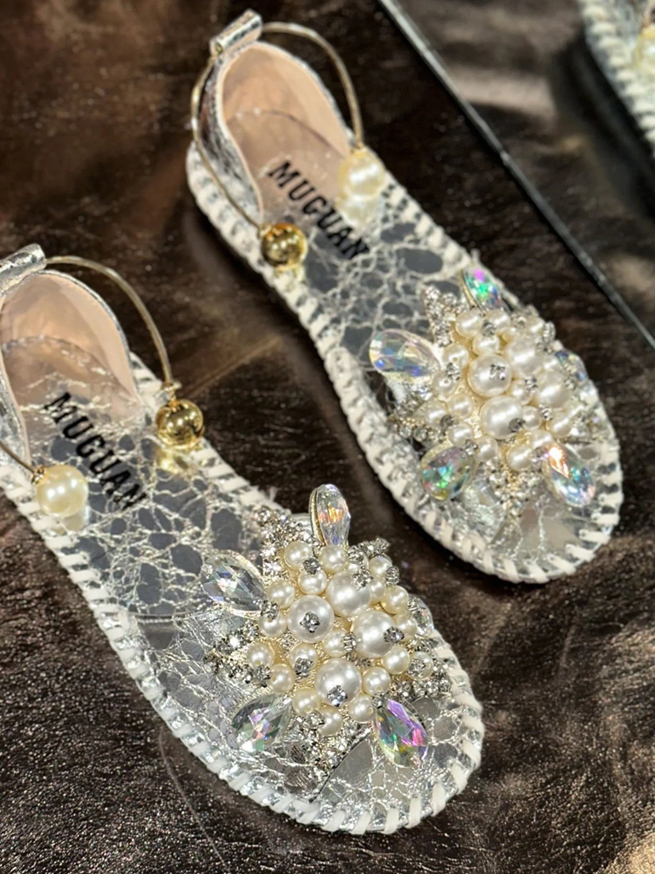 Pearl Crystal Embellished Flat Sandals