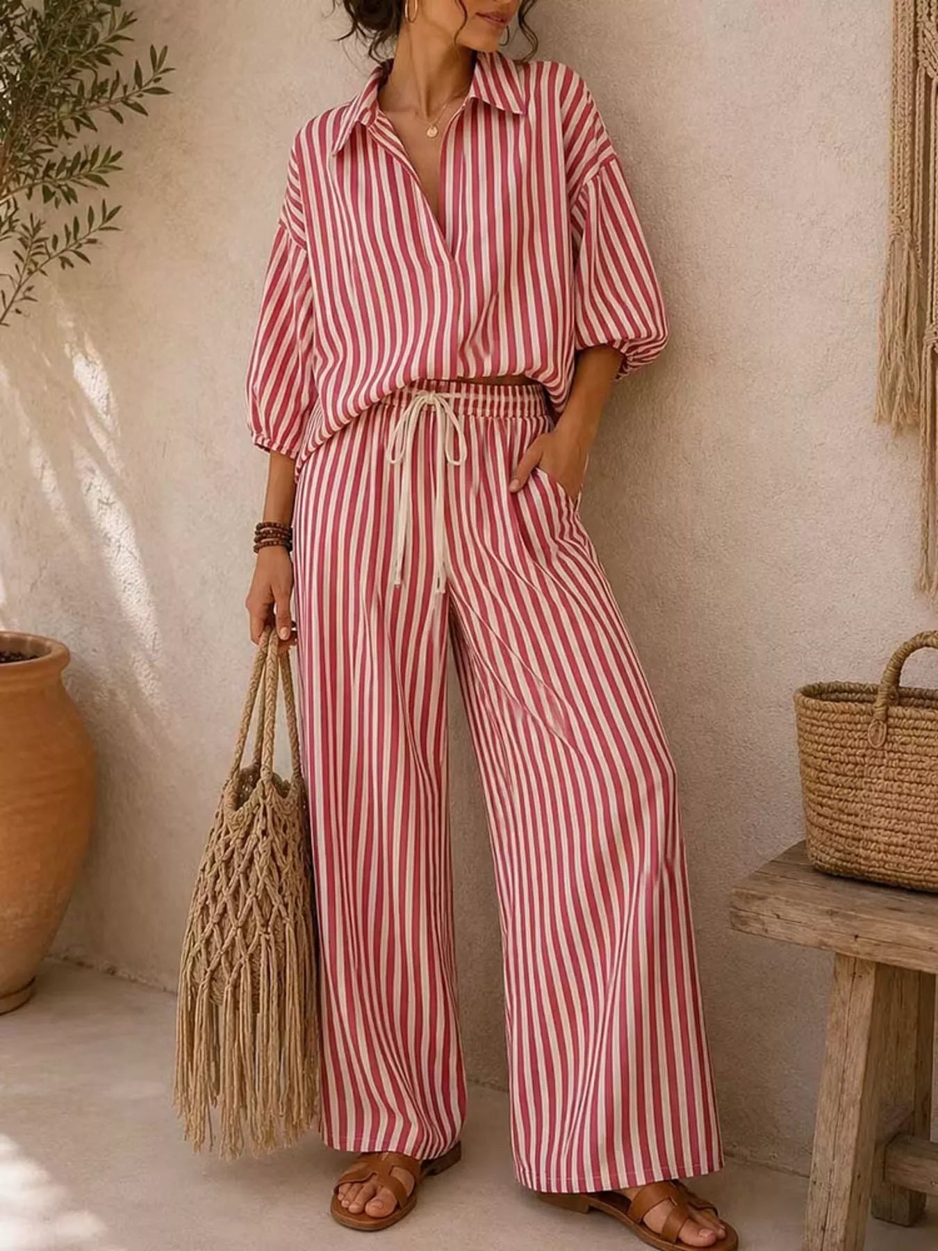 Full Size Striped Puff Sleeve Shirt and Wide-Leg Drawstring Pants Set Plus Size