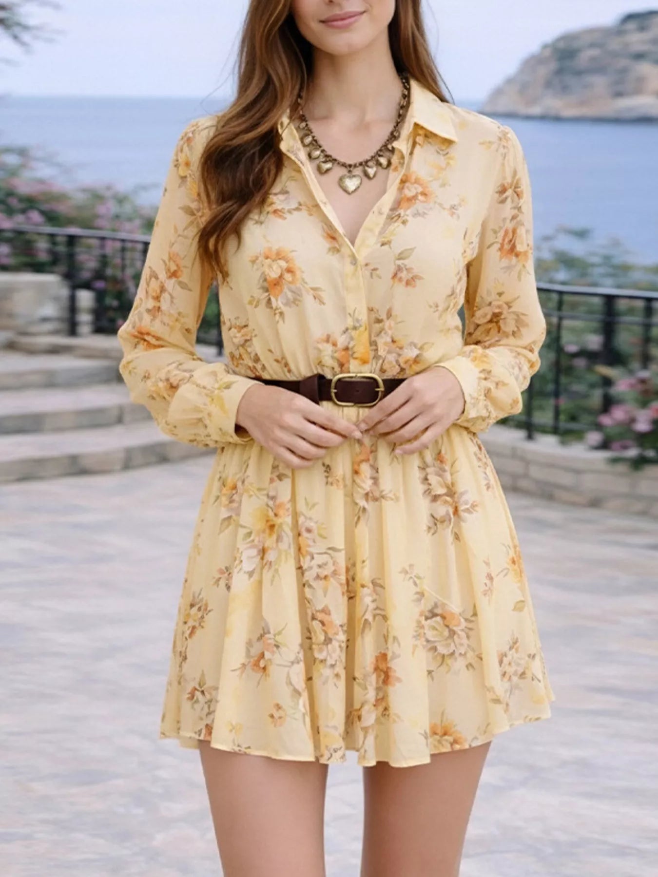 Full Size Floral Print Long Sleeve Shirt Dress Plus Size