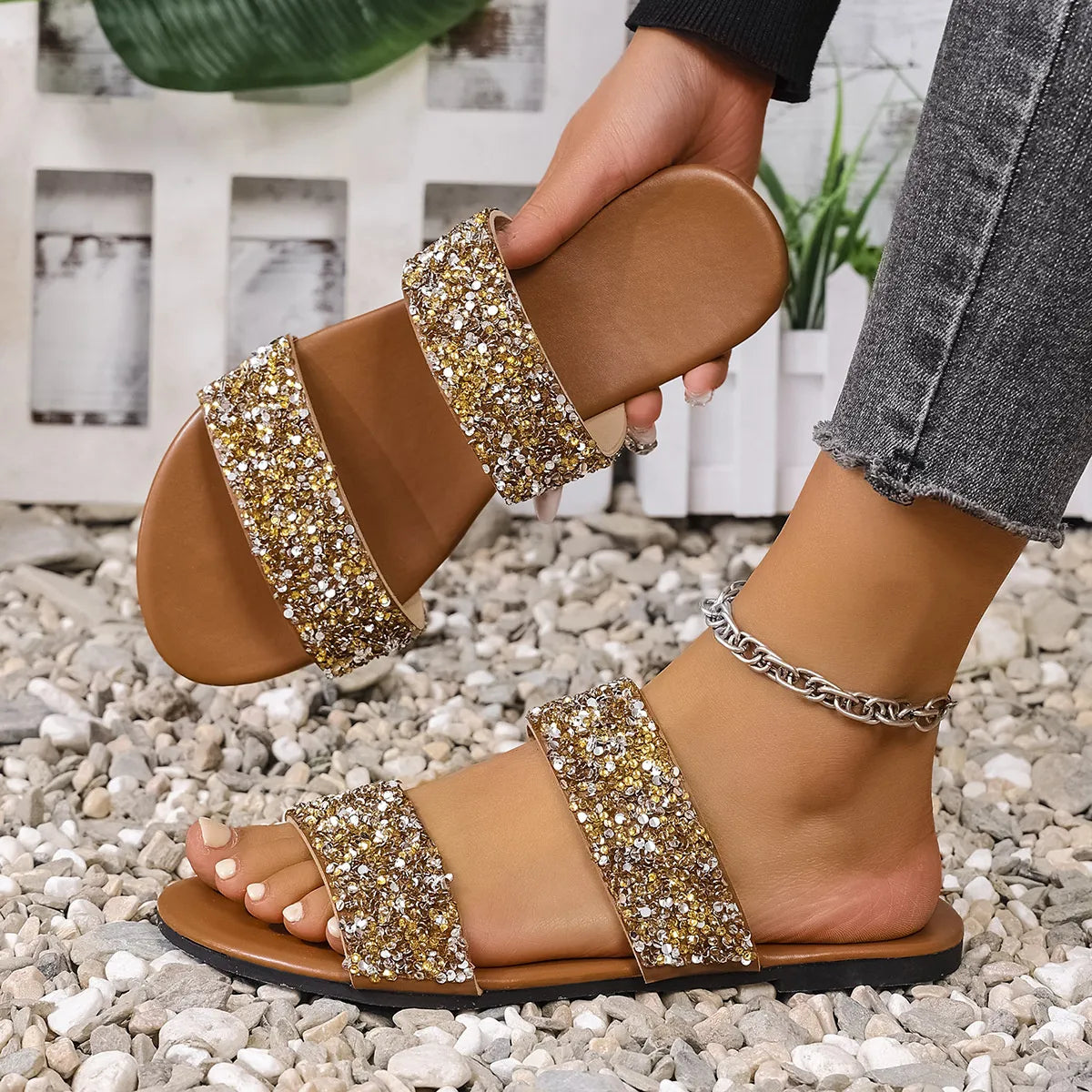 Sequin Open Toe Flats Sandals
