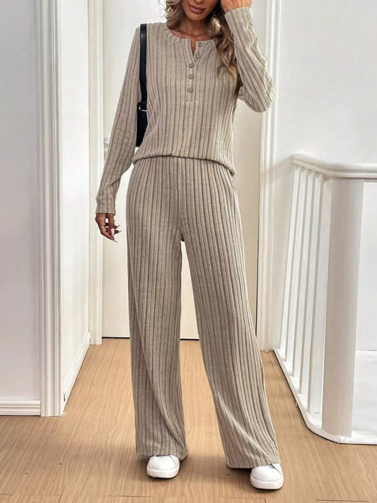 Button Detail Long Sleeve Top and Pants Set