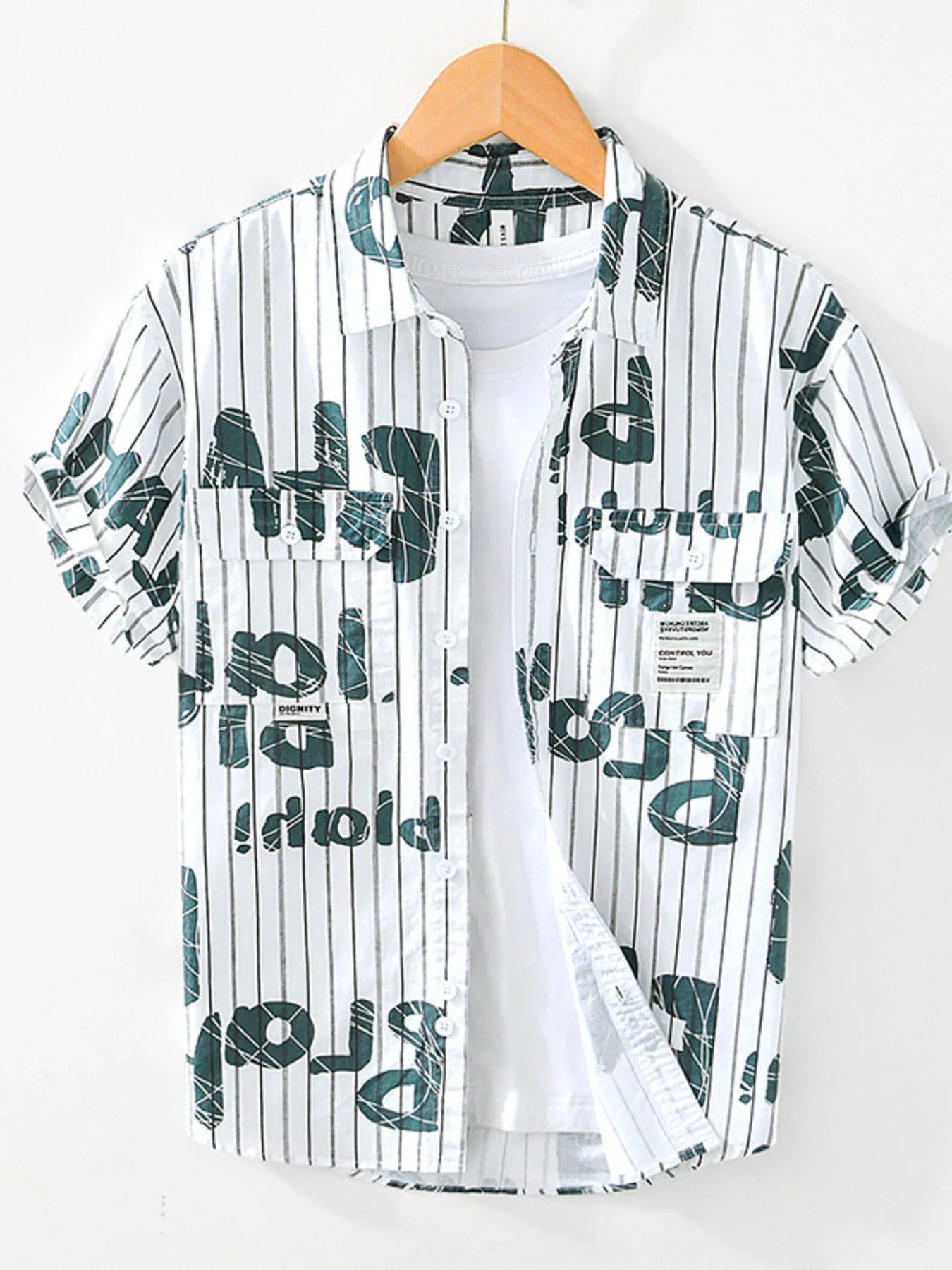 Men's Plus Size Letter Print Striped Short Sleeve Casual Shirt