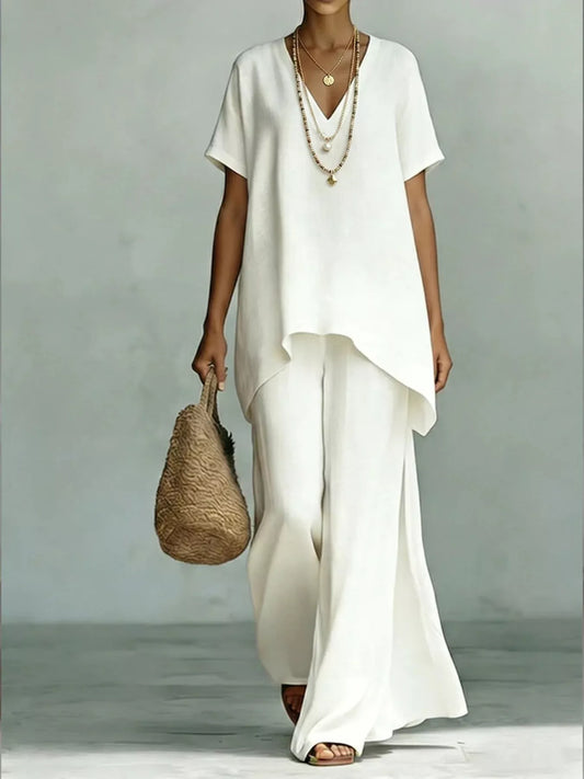 Full Size V-Neck Top and Wide-Leg Pants Set Plus Size