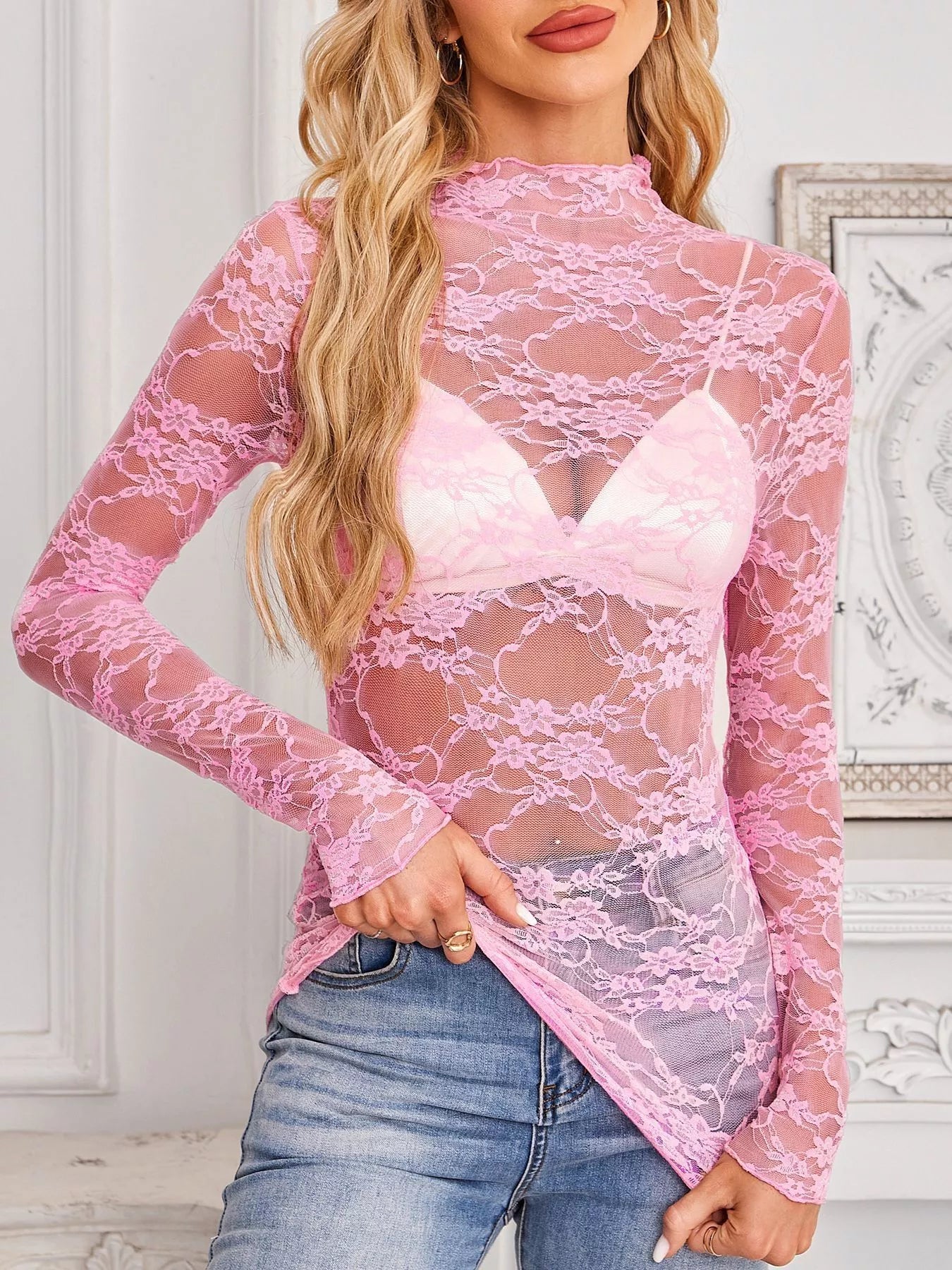 Sheer Floral Lace Long Sleeve Top
