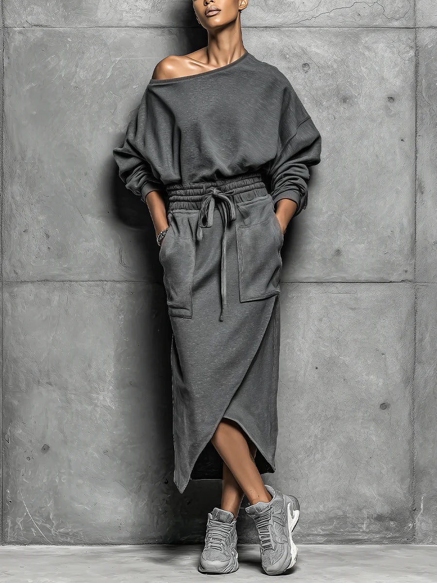 Off-Shoulder Top & Drawstring Long Skirt Set with Pockets
