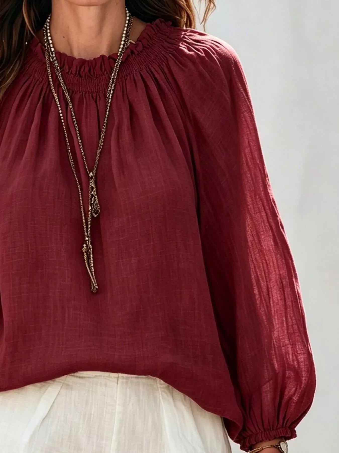 Round Neck Balloon Sleeve Blouse