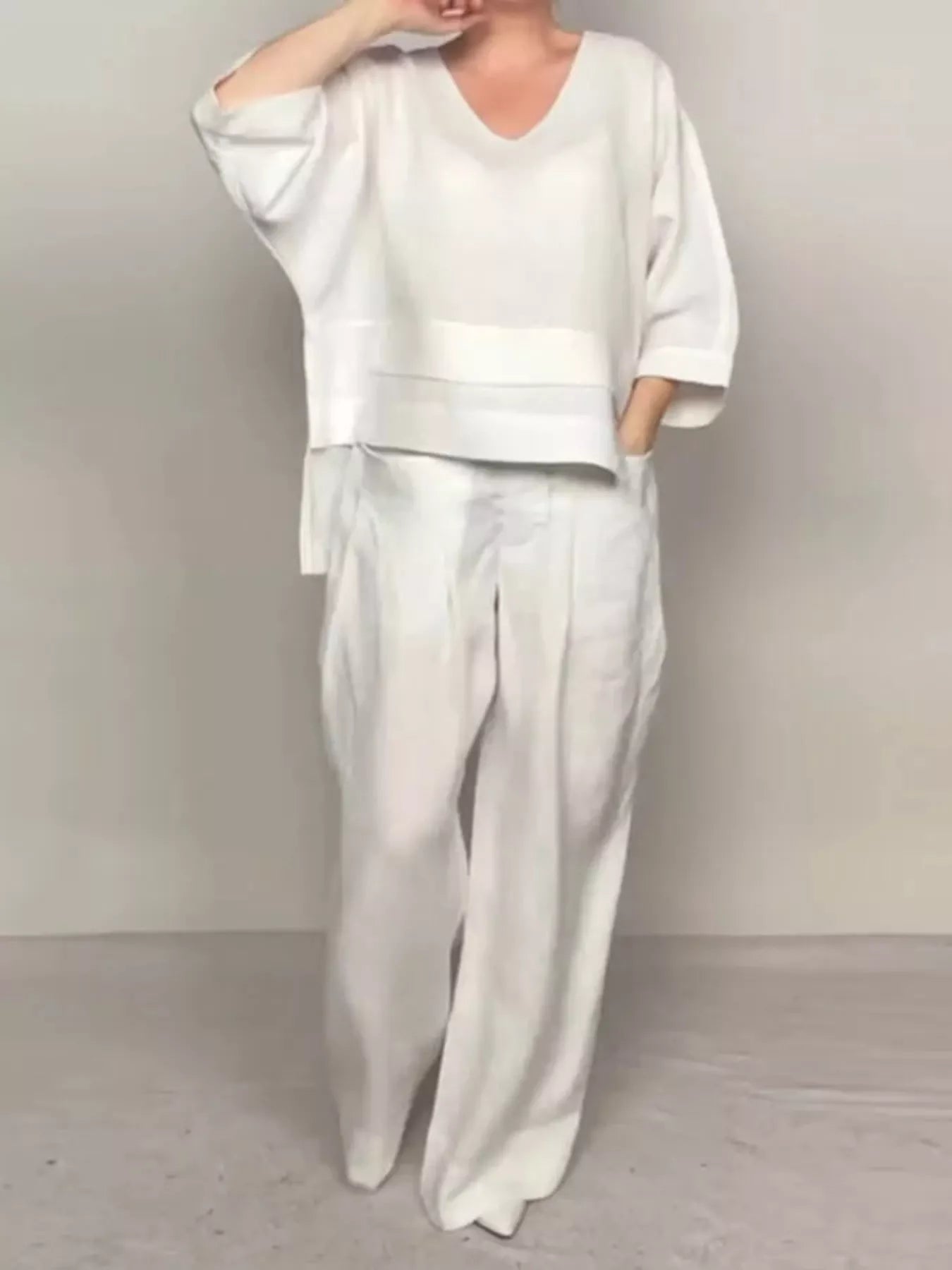 Full Size V-Neck Long Sleeve Top and Pants Set Plus Size