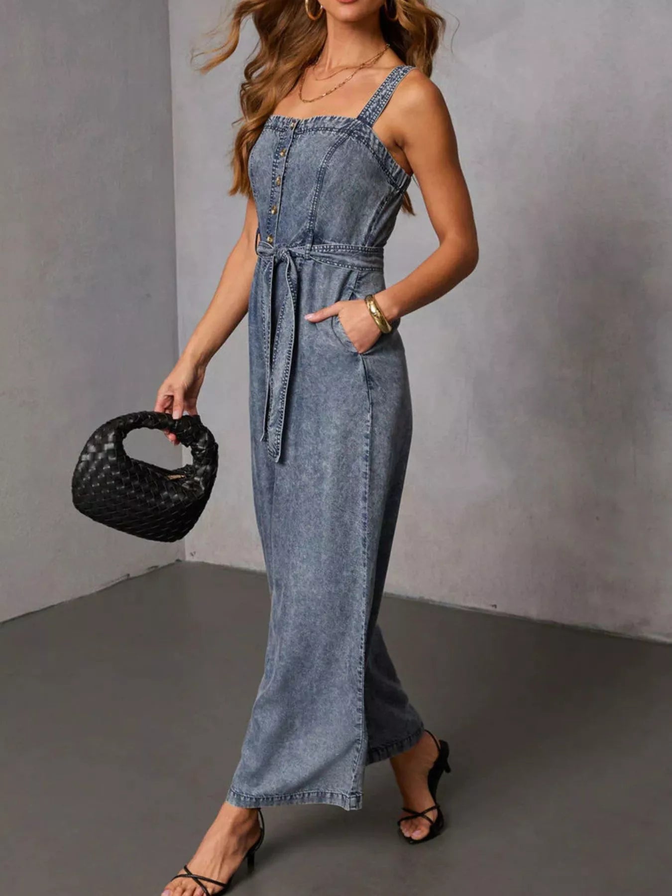 Belted Waist Wide Leg Denim Jumpsuit
