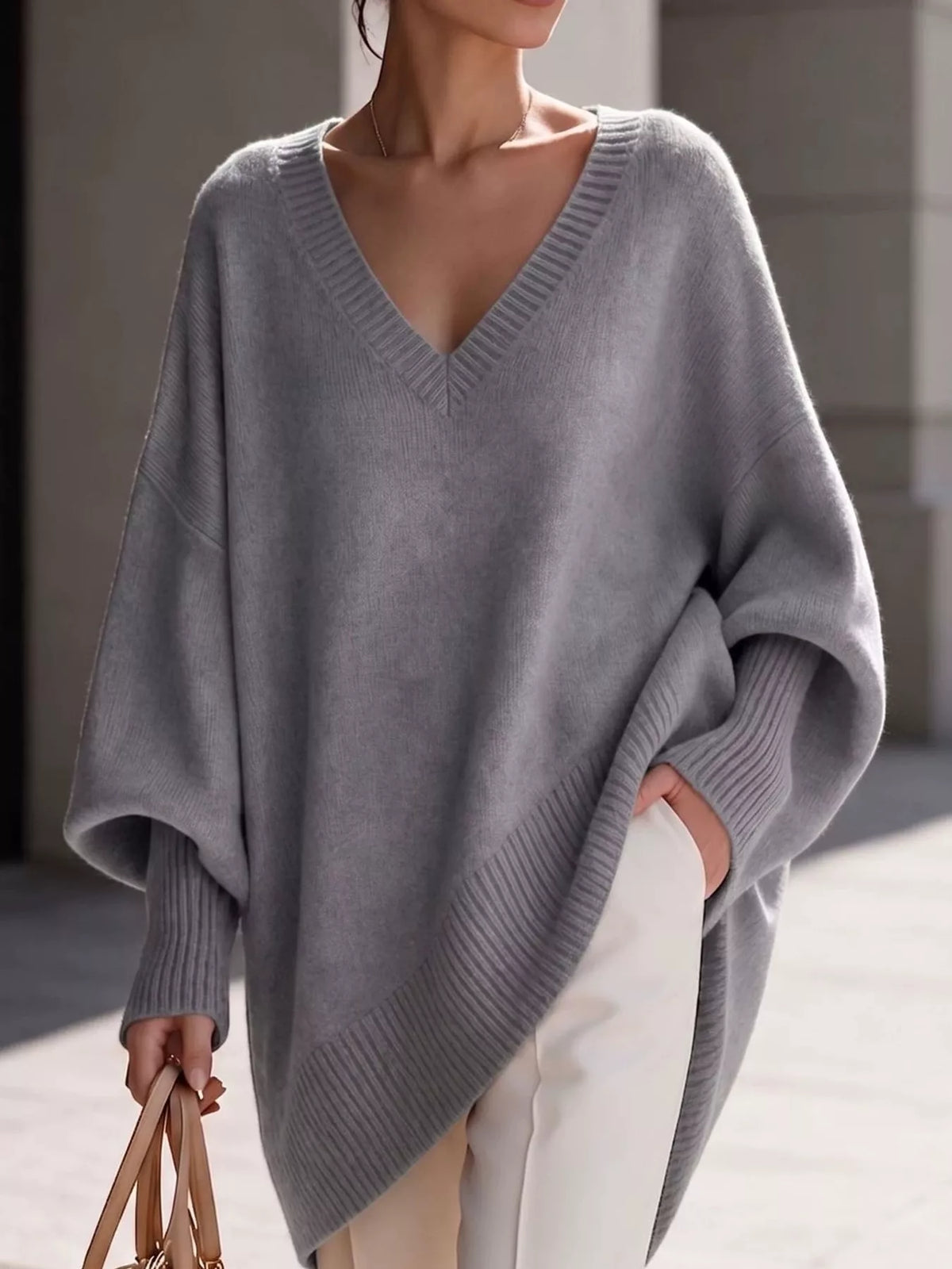 Full Size V-Neck Oversized Batwing Sleeve Sweater Plus Size
