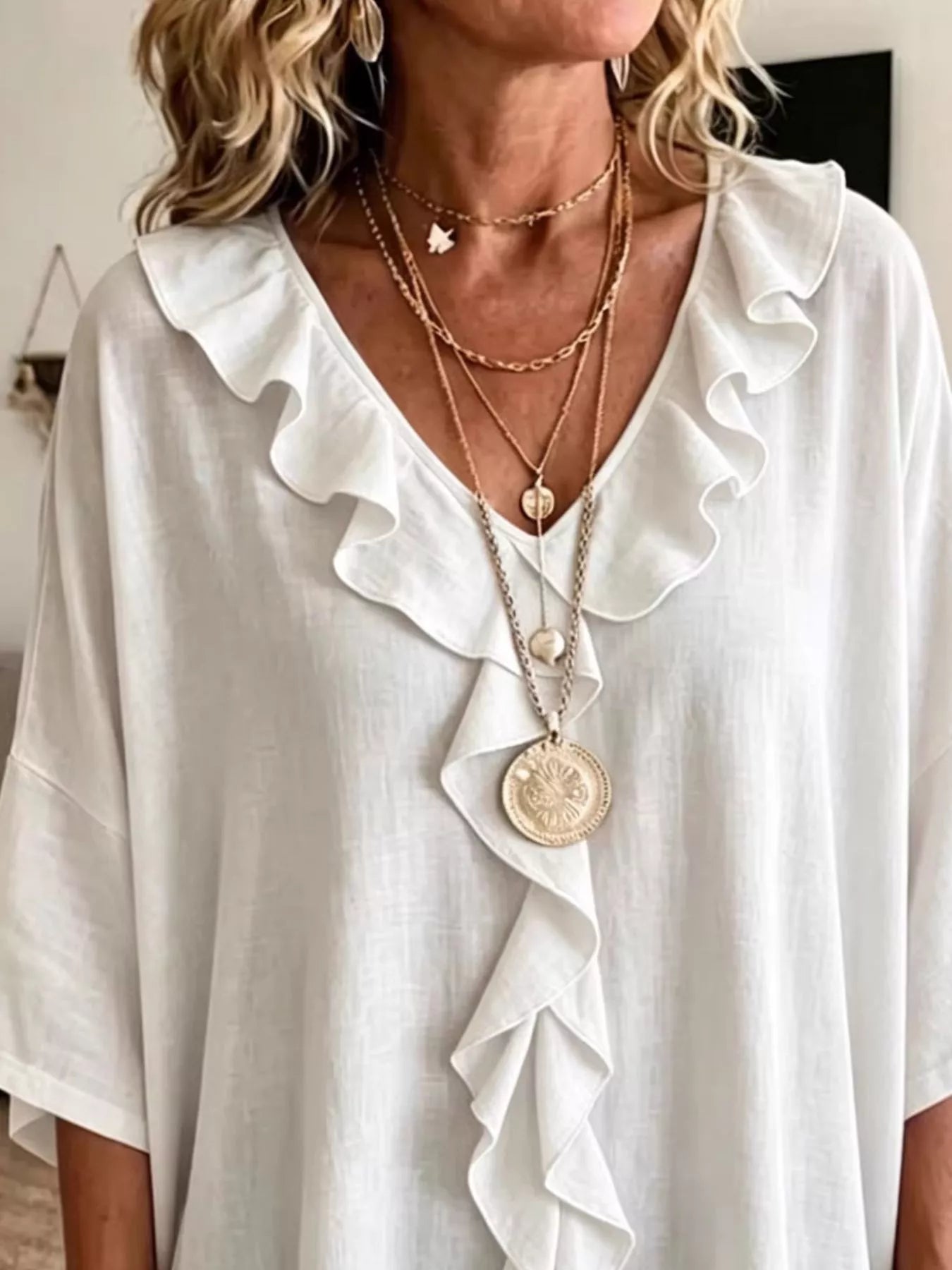 Full Size Ruffled V-Neck 3/4 Sleeve Blouse Plus Size