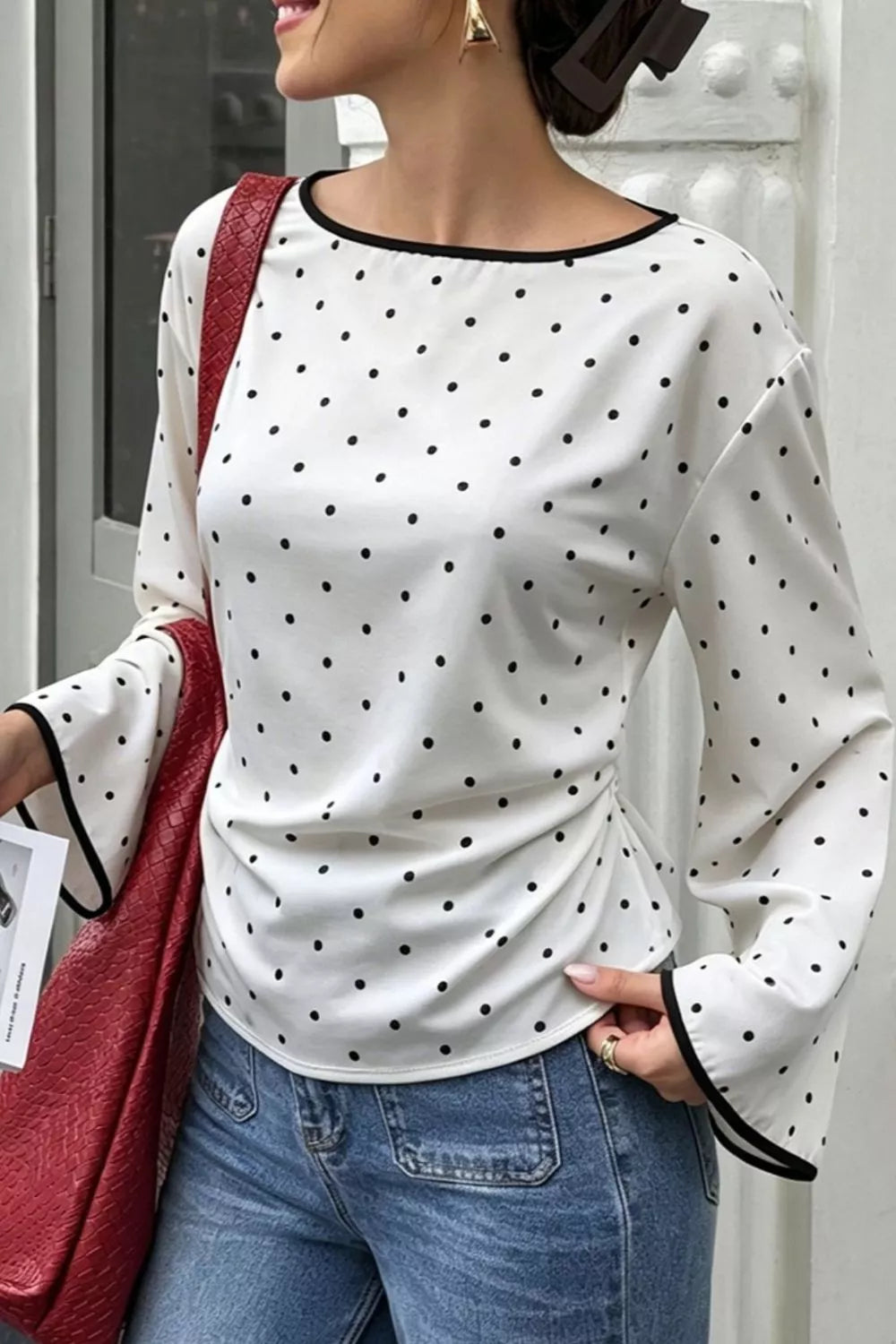 Polka Dot Flare Sleeve Blouse