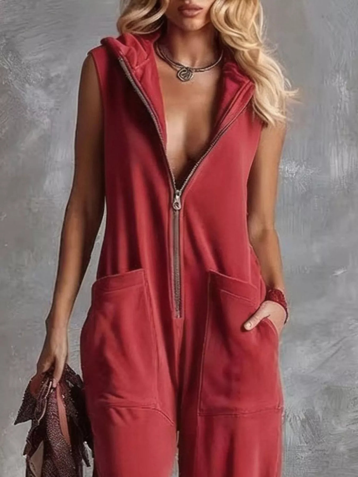 Sleeveless Hooded Zip-Front Casual Jumpsuit