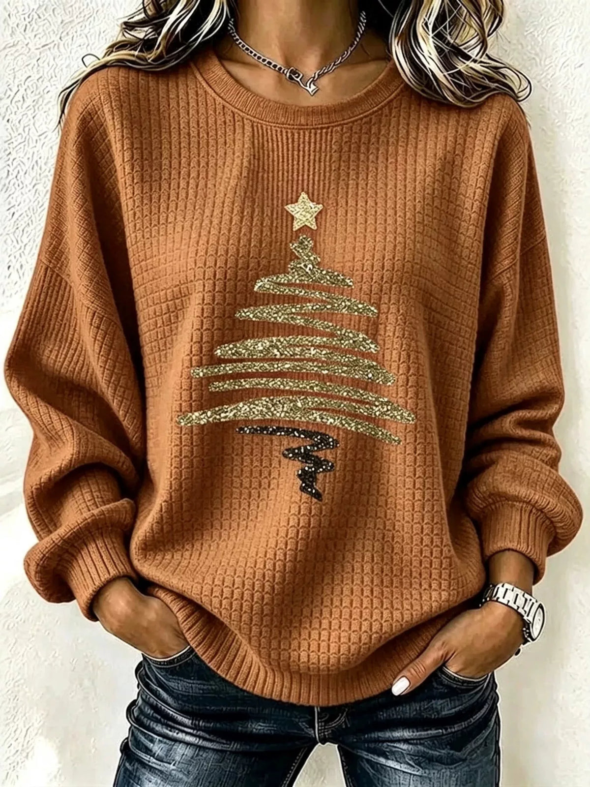 Full Size  Festive Christmas Tree Graphic Ribbed Sweatshirt Plus Size