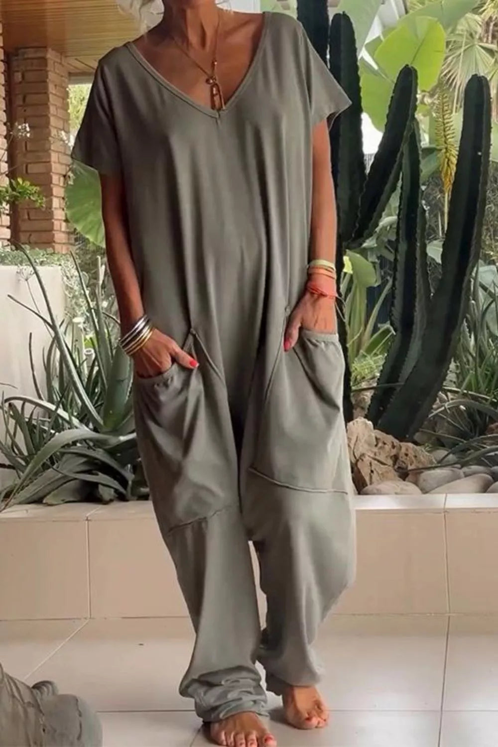 Full Size Casual V-Neck Short Sleeve Jumpsuit with Pockets Plus Size