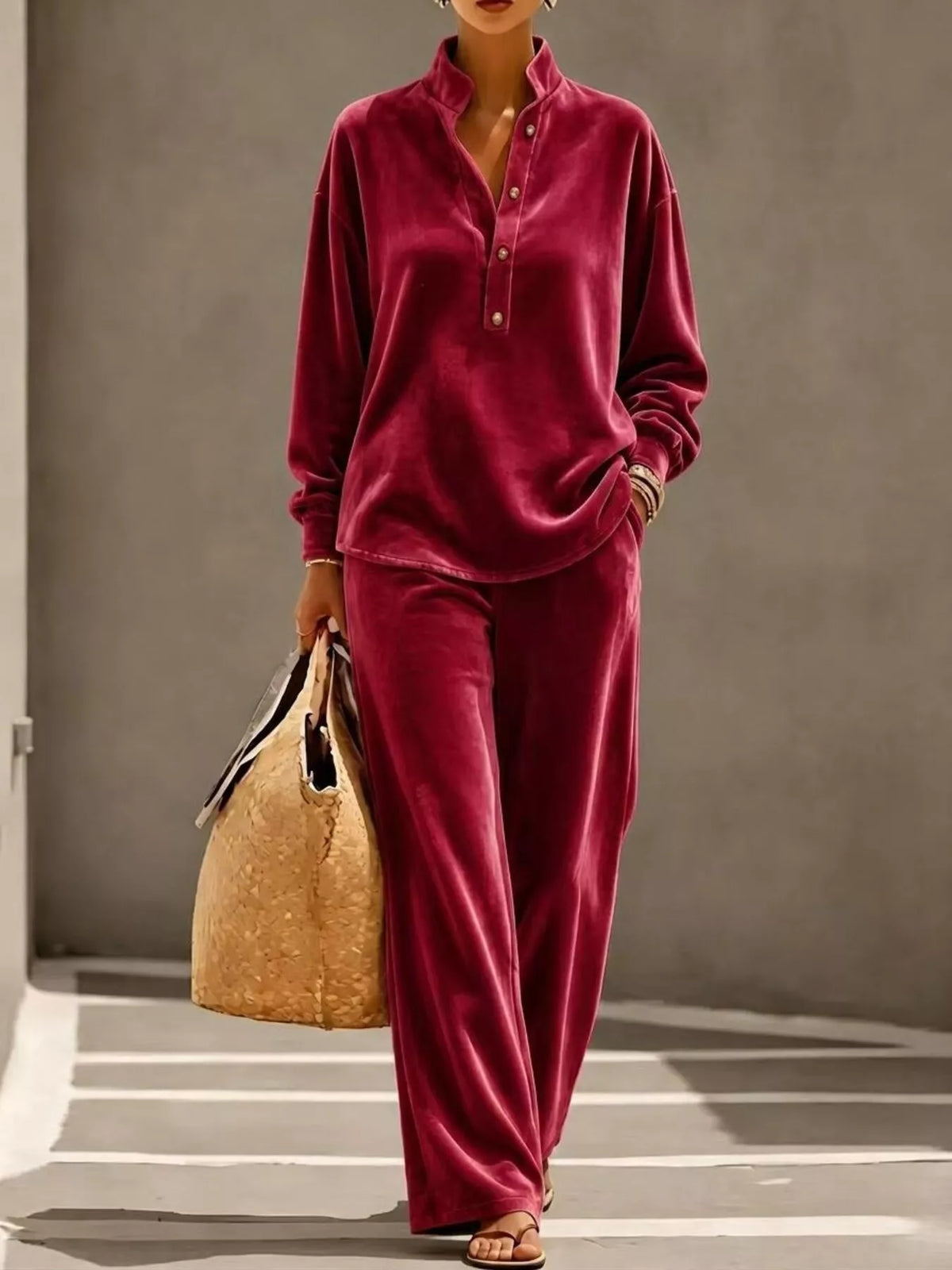 Full Size Half Button Top and Wide Leg Pants Set Plus Size