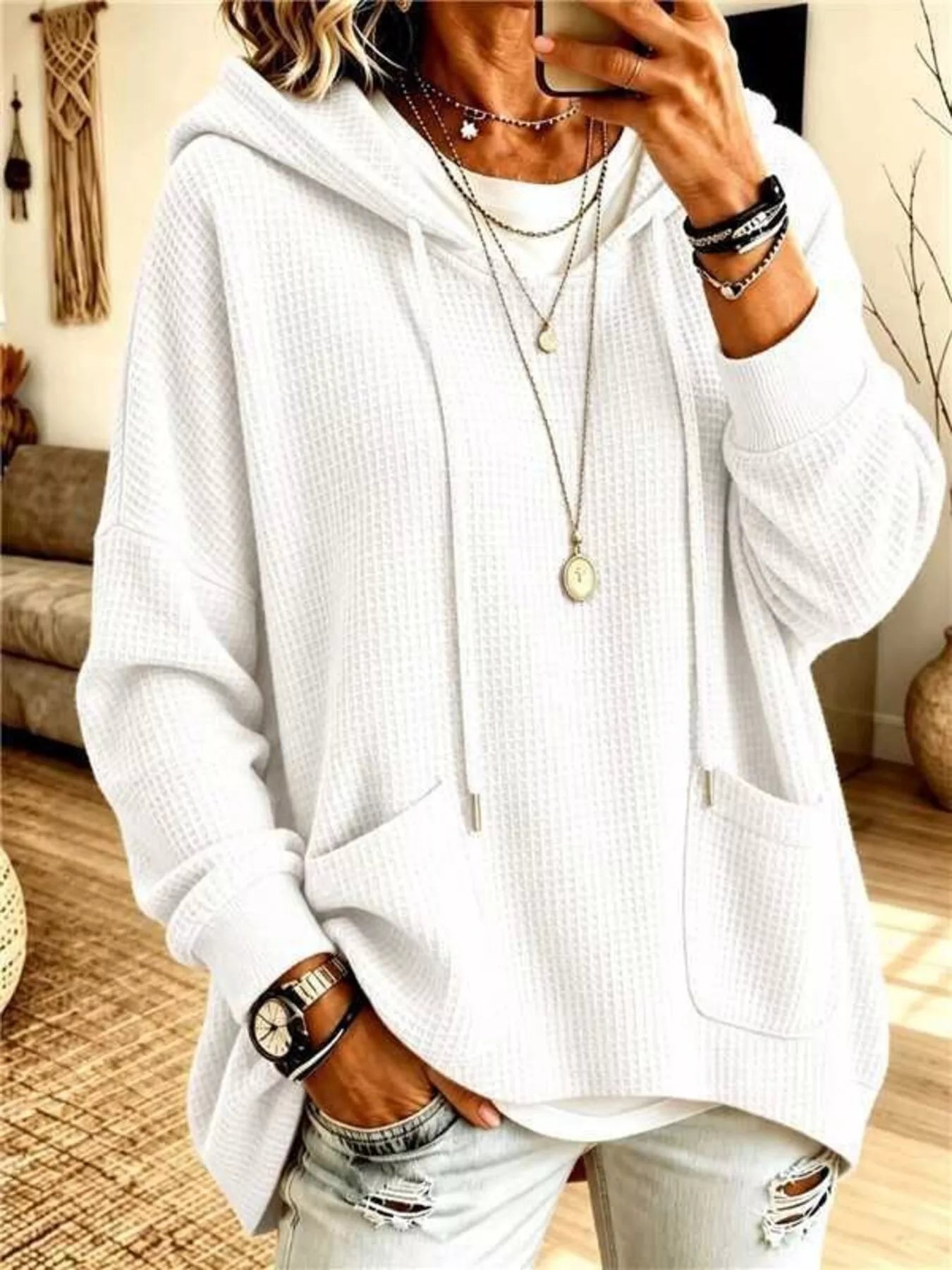 Full Size Waffle Knit Hoodie with Pockets Plus Size