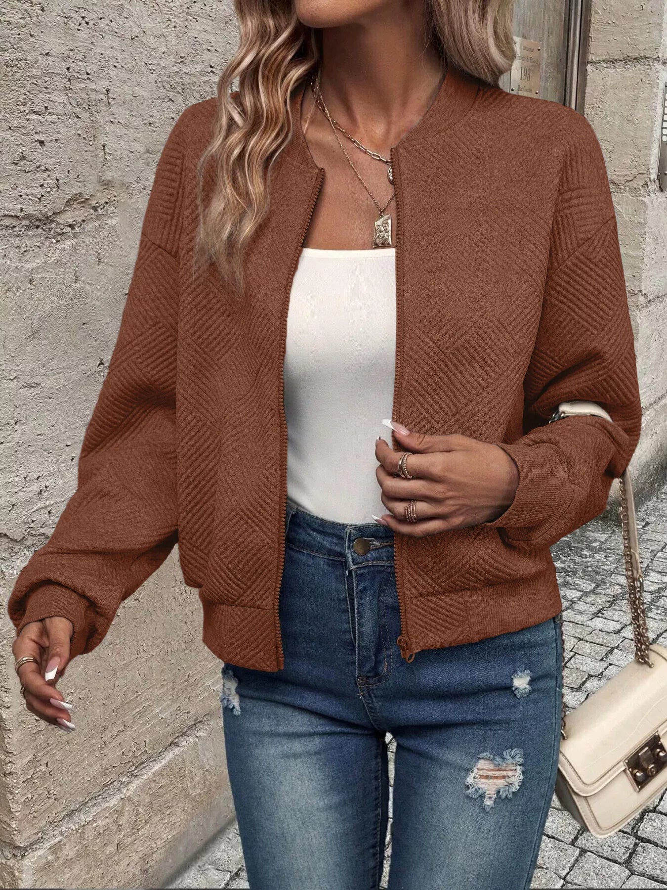 Textured Knit Zip-Up Jacket