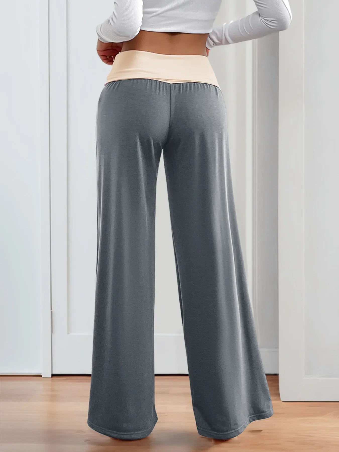 Contrast Waistband Wide Leg Pants