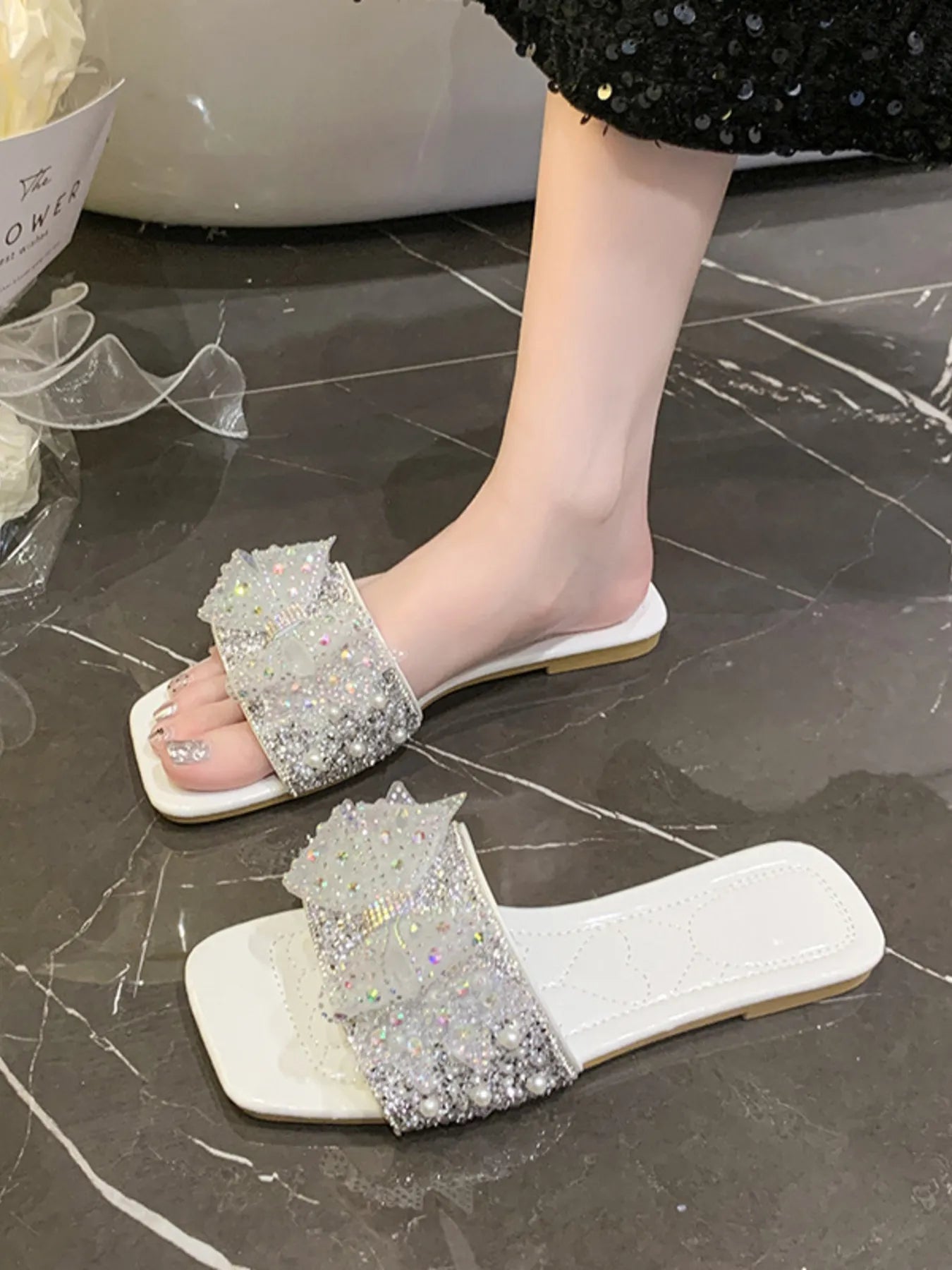 Rhinestone Embellished Flats Slip-On Sandals