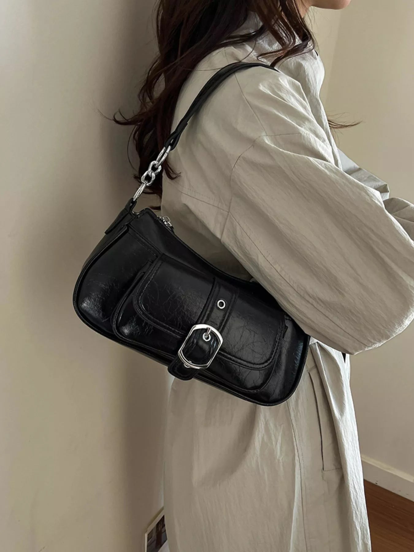 Buckle Detail Faux Leather Crossbody Bag