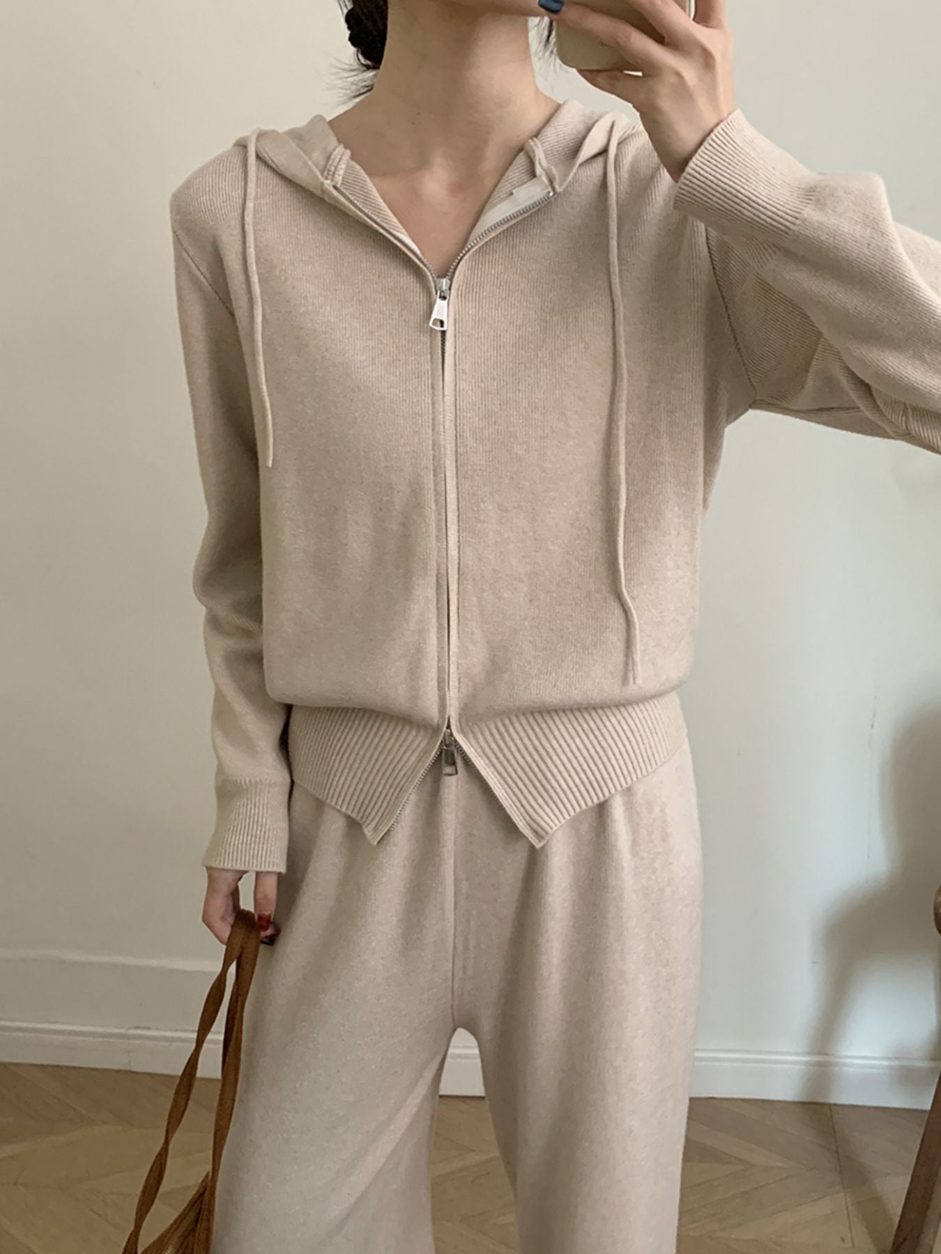 Zip Up Cardigan and Drawstring Wide Leg Pants Knit Set