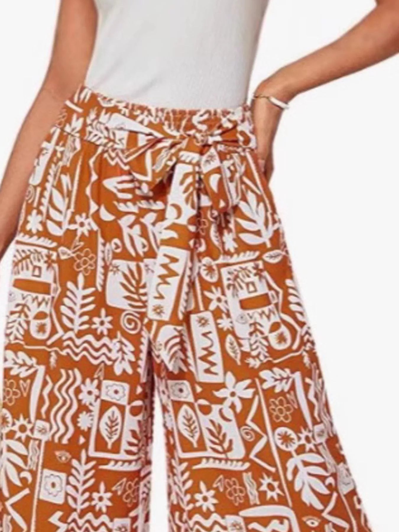 Full Size Tie Waist Wide-Leg Printed Pants Plus Size