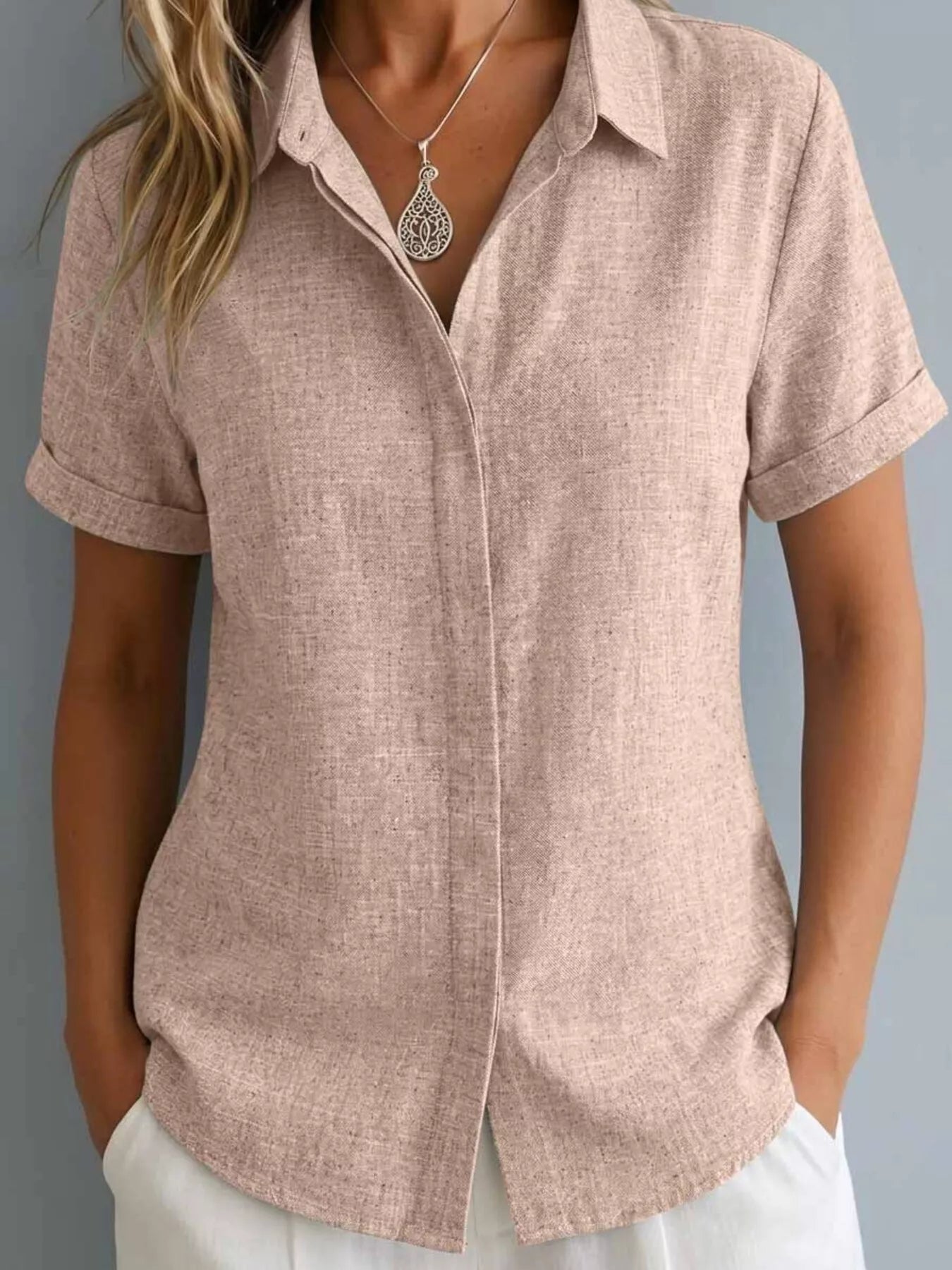 Full Size Collared Neck Short Sleeve Shirt Plus Size