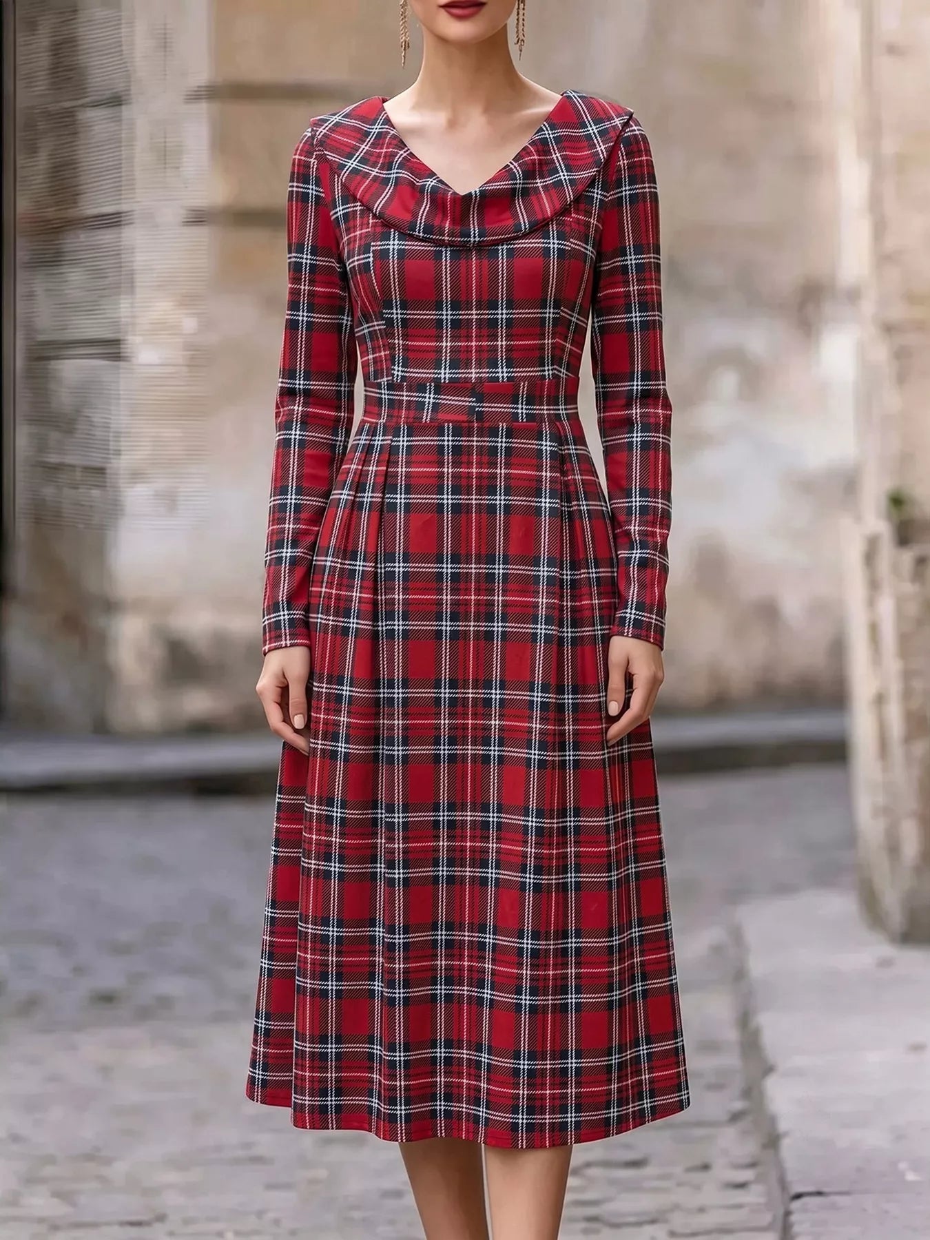 Vintage Plaid Long Sleeve Midi Dress