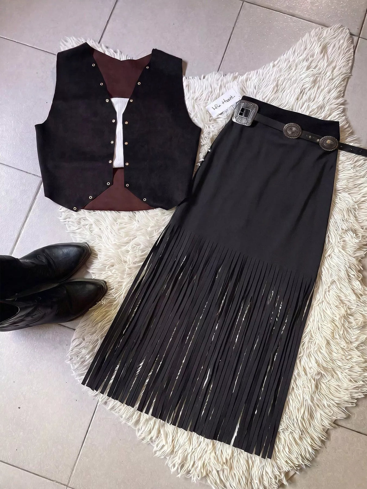 High-Waisted Fringe Midi Skirt