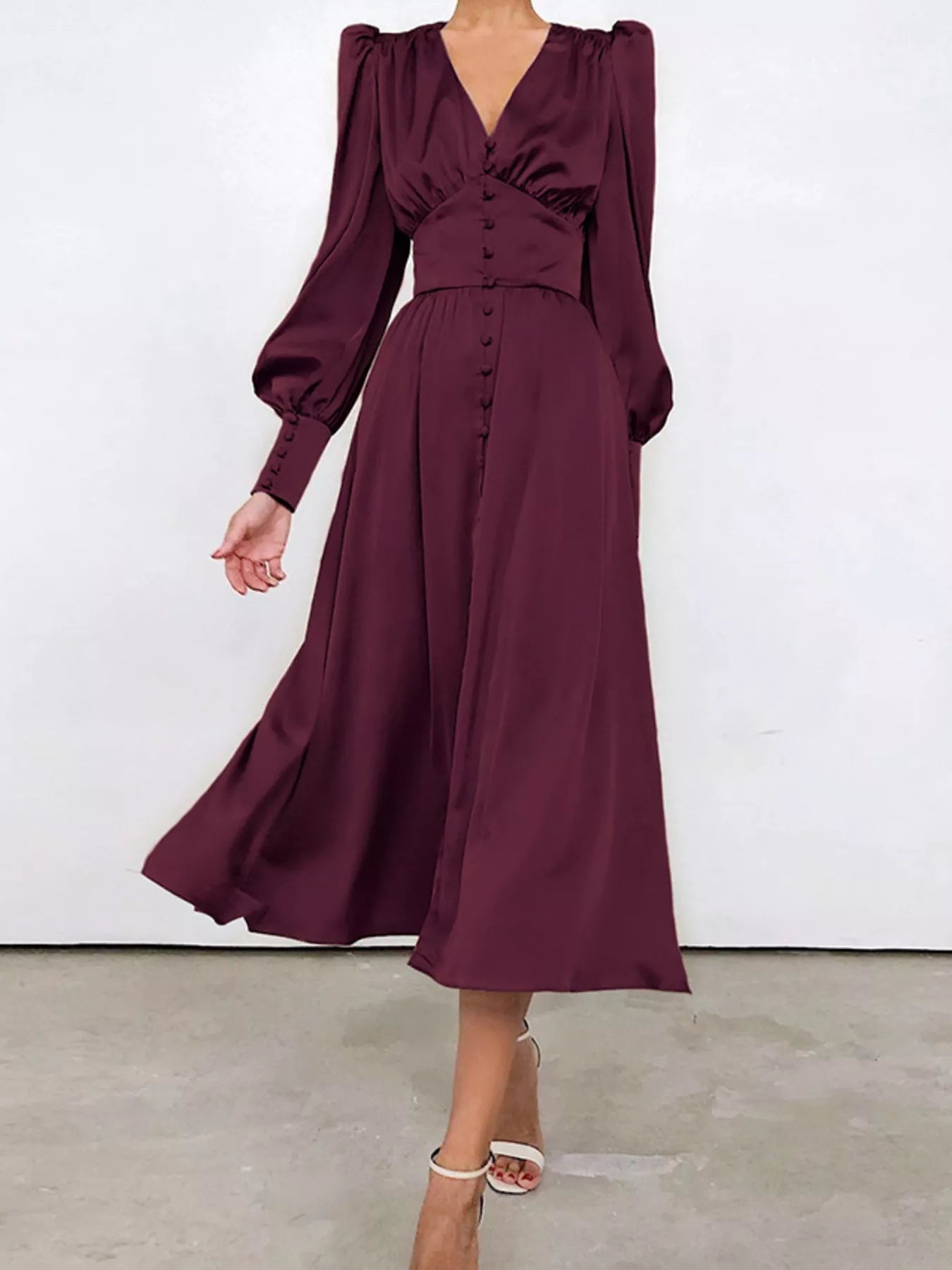 Elegant V-Neck Puff Sleeve Button-Down Midi Dress