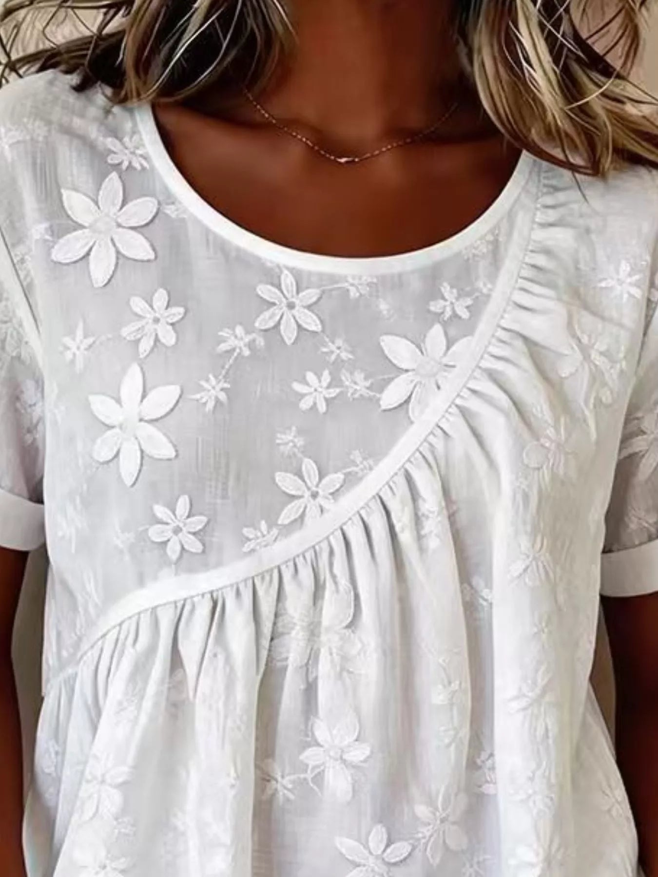 Full Size Floral Embroidered Round Neck Short Sleeve Top Plus Size