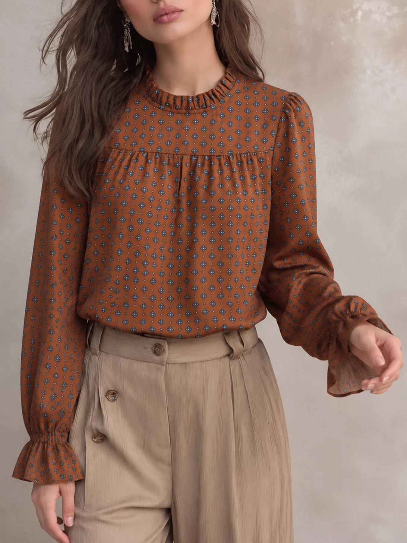 Printed Flounce Sleeve Blouse