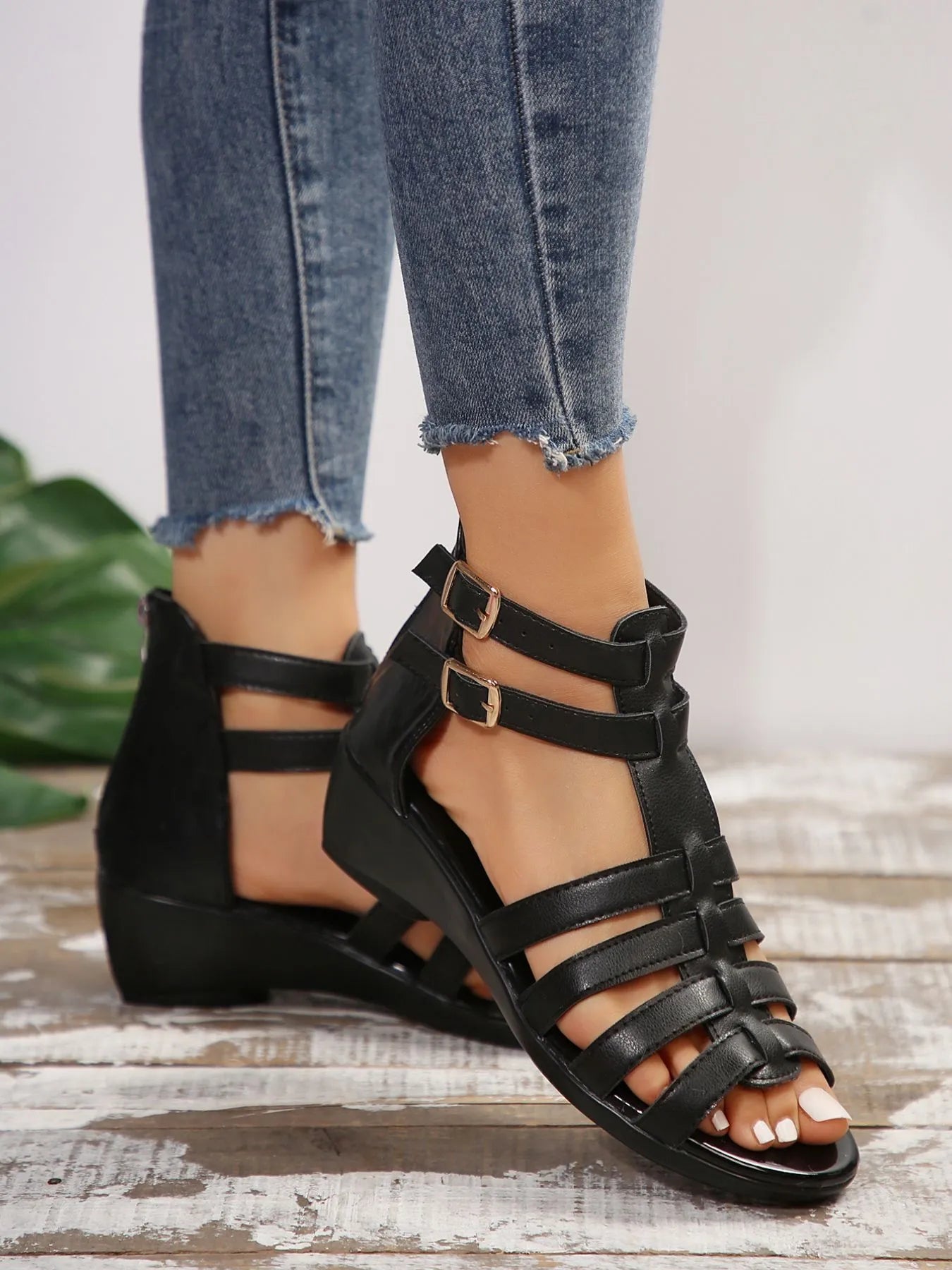 Strappy Wedge Buckle Sandals