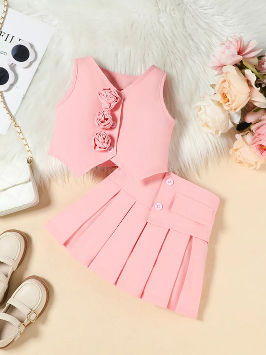 Children's Floral Decor Vest & Pleated Skirt Set
