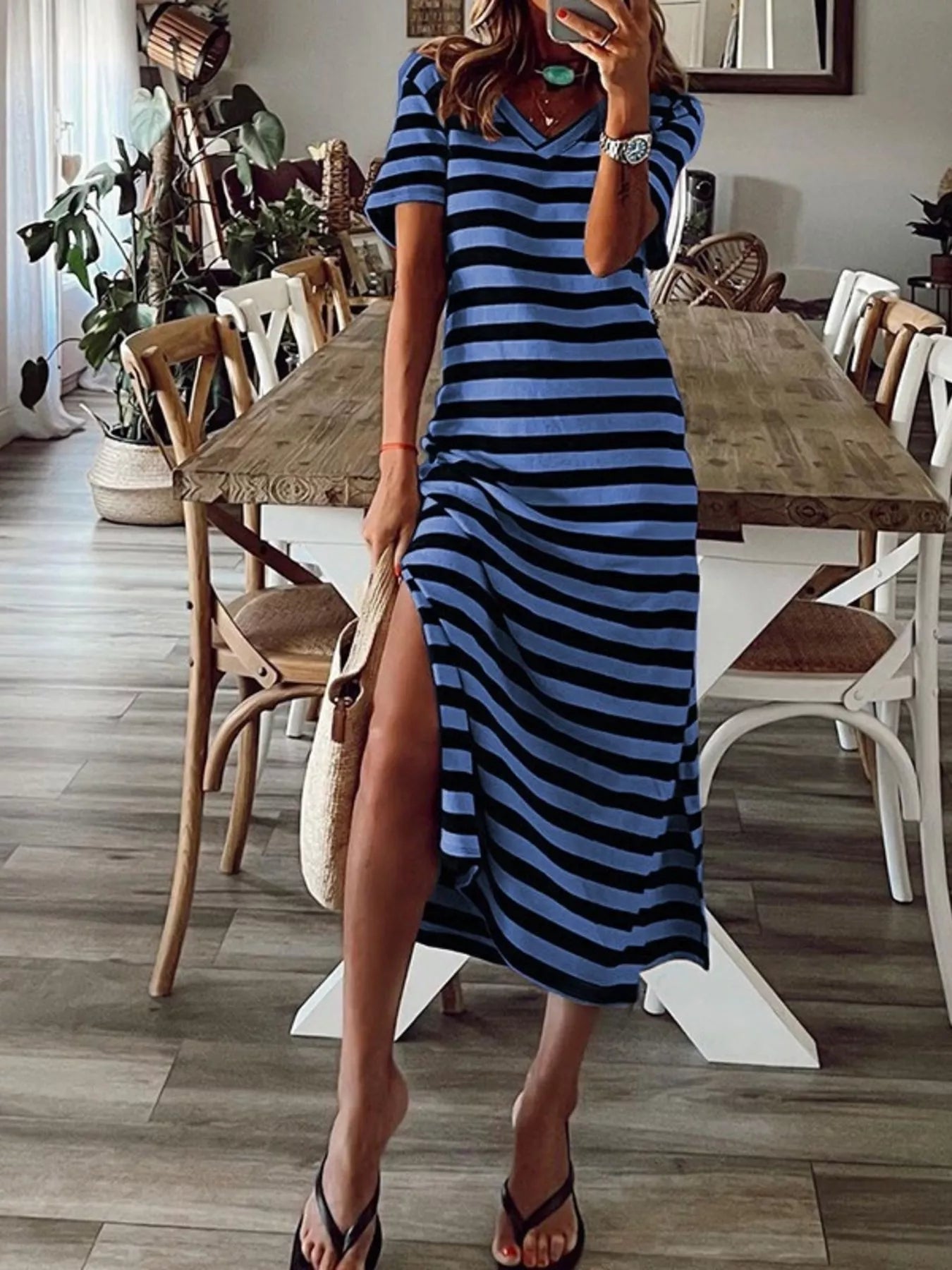 Full Size Striped V-Neck Midi Dress with Side Slit Plus Size