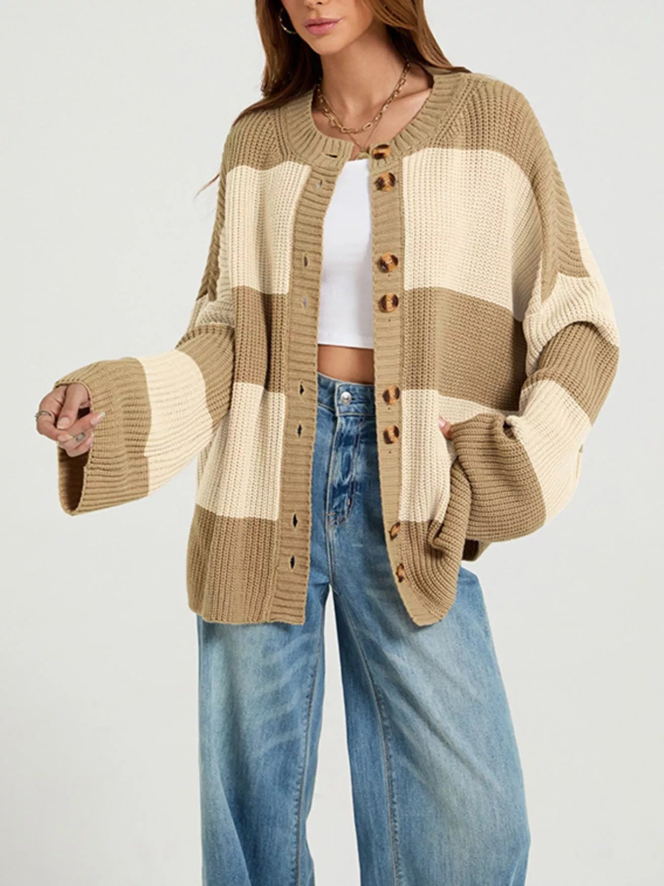 Color Block Striped Button-Up Cardigan