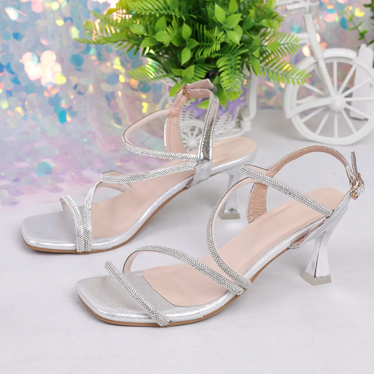 Strappy Heel Sandals with Rhinestone Chain Ankle Strap