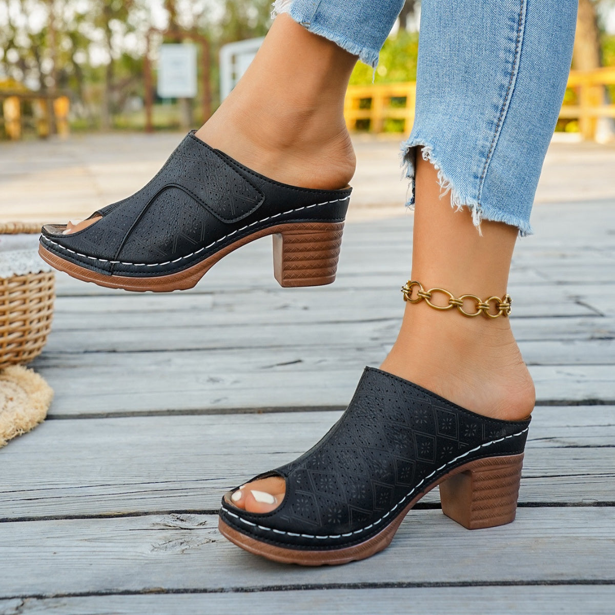 Peep Toe Block Heel Sandals
