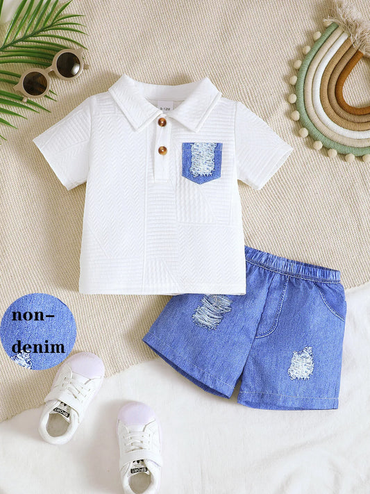 Children's Textured Polo Shirt & Ripped Shorts Set